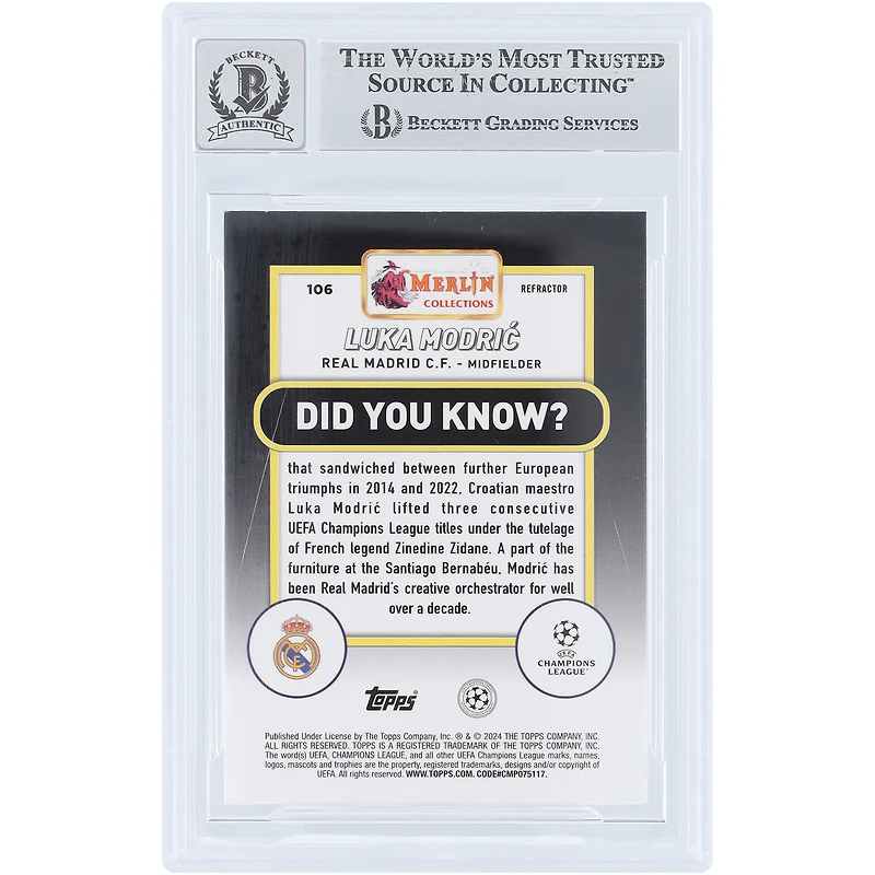 Luka Modric Real Madrid Autographed 2023-24 Topps Merlin UEFA Refractor #106 Beckett Fanatics Witnessed Authenticated 10 Card