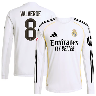 Men's adidas Federico Valverde White Real Madrid 2025/26 Home Authentic Long Sleeve Jersey