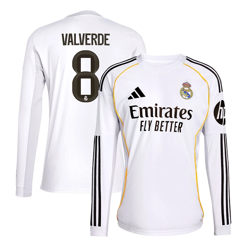 Men's adidas Federico Valverde White Real Madrid 2025/26 Home Replica Long Sleeve Jersey