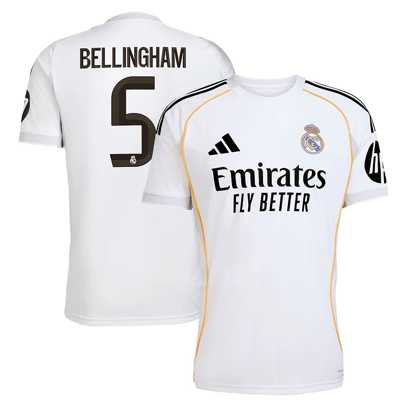 Maillot adidas Jude Bellingham blanc pour homme, réplique domicile Real Madrid 2025/26