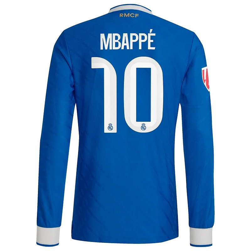 Maillot de joueur à manches longues authentique bleu adidas Kylian Mbappé pour homme Real Madrid 2025/26