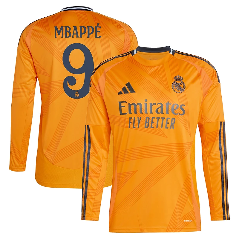 Maillot de joueur adidas Kylian Mbappé orange Real Madrid 2024/25 extérieur réplique à manches longues pour homme
