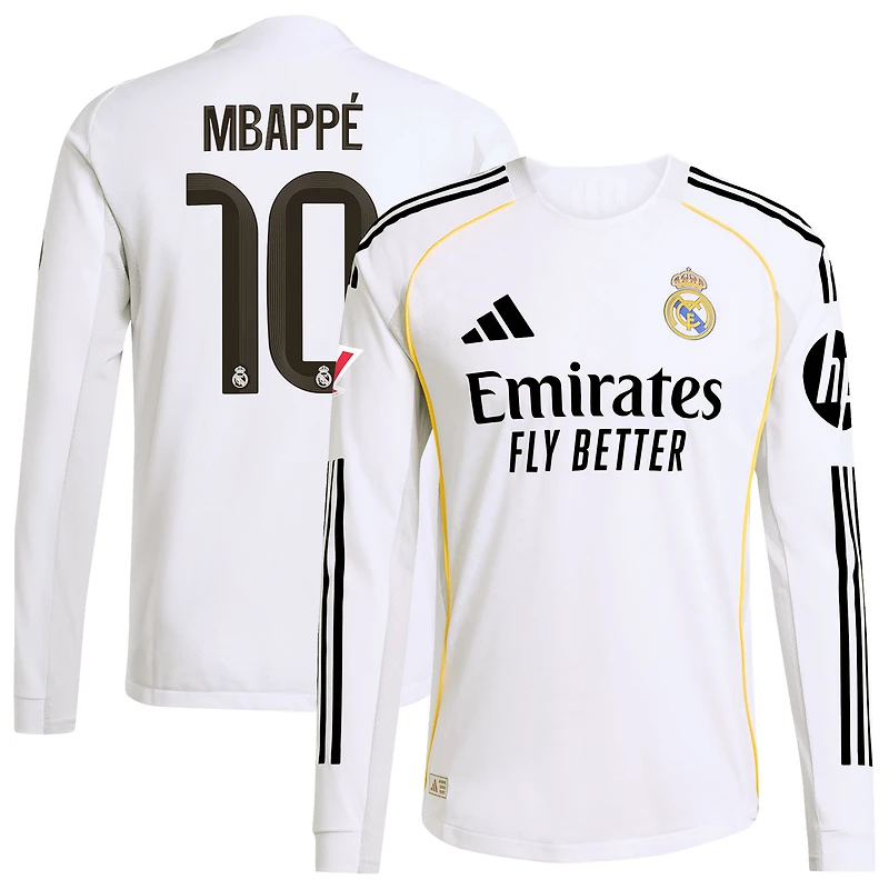 Maillot de joueur à manches longues authentique blanc adidas Kylian Mbappé domicile Real Madrid 2025/26 pour homme