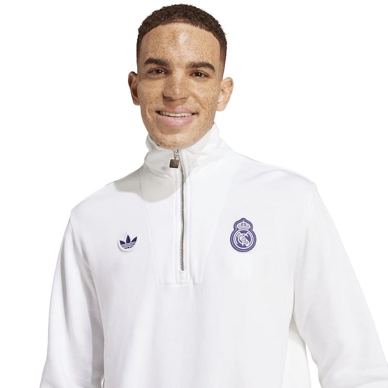 Haut à demi-zip adidas Originals blanc Real Madrid Terrace Icons Collection pour homme