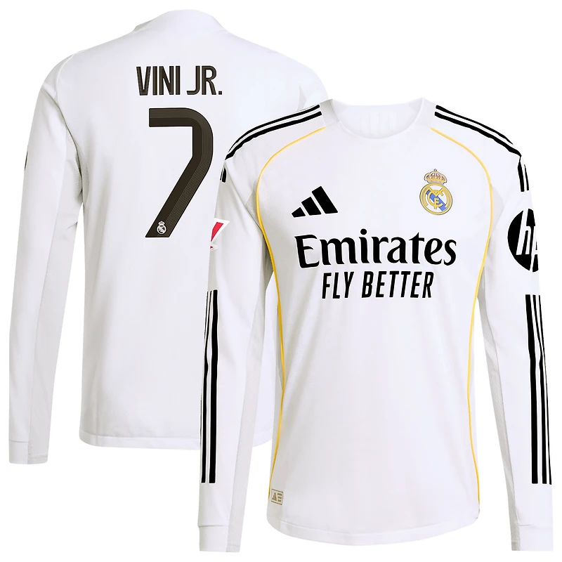 Maillot adidas Vini Jr. Blanc domicile Real Madrid 2025/26 Authentic à manches longues pour homme