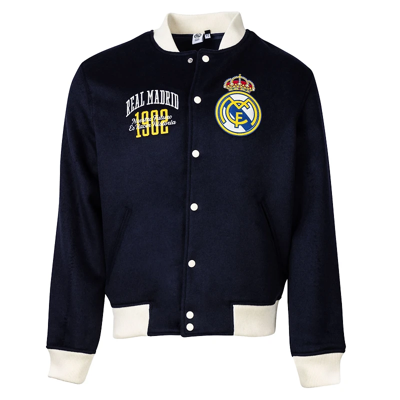 Veste universitaire en laine bleu marine pour homme, motif Sport Design Sweden, Real Madrid, Free Kick