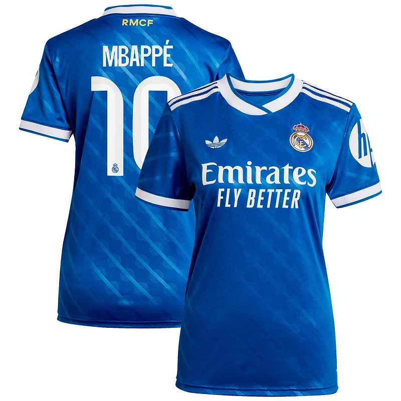 Maillot réplique bleu adidas Kylian Mbappé pour femme, troisième joueur du Real Madrid 2025/26
