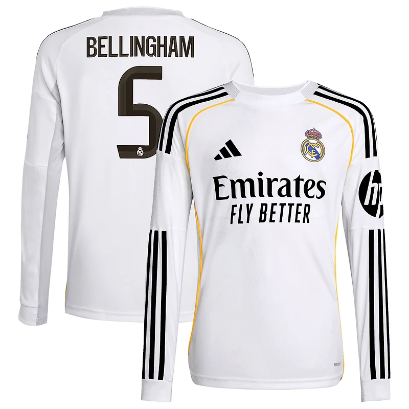 Youth adidas Jude Bellingham White Real Madrid 2025/26 Home Replica Long Sleeve Jersey