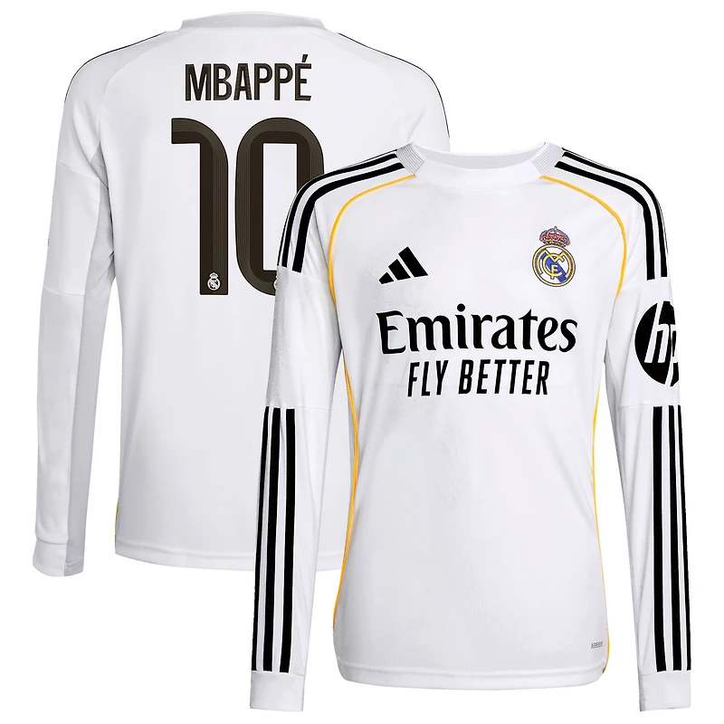 Maillot de joueur à manches longues blanc adidas Kylian Mbappé pour jeune Real Madrid 2025/26