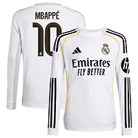 Maillot de joueur à manches longues blanc adidas Kylian Mbappé pour jeune Real Madrid 2025/26