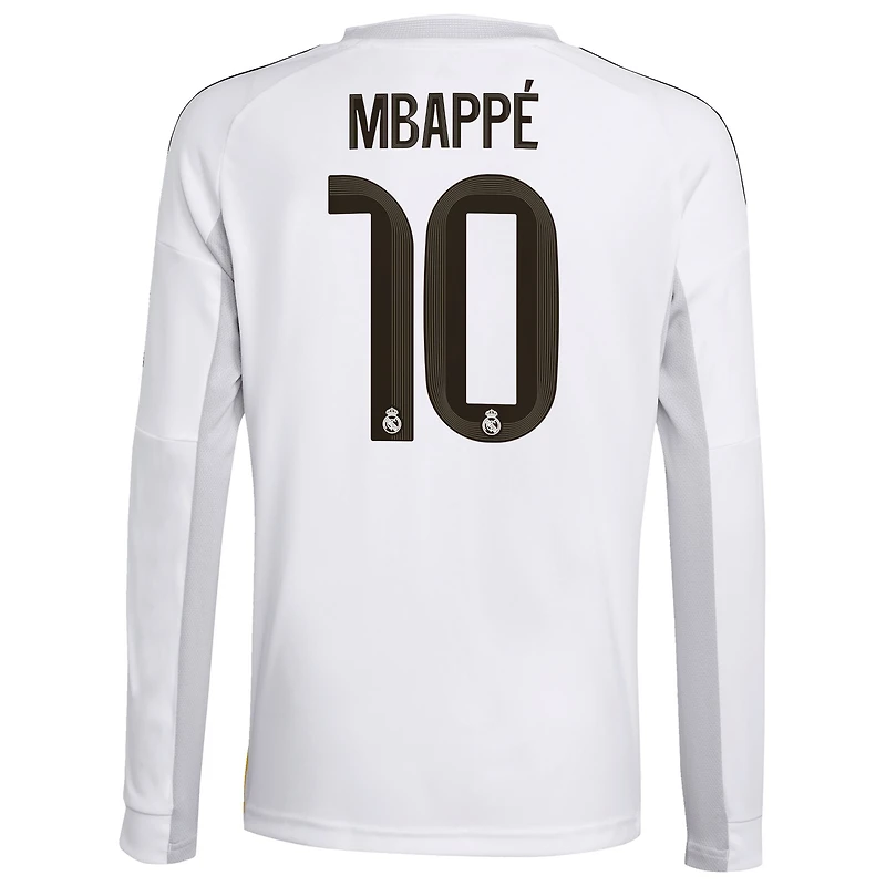 Maillot de joueur à manches longues blanc adidas Kylian Mbappé pour jeune Real Madrid 2025/26