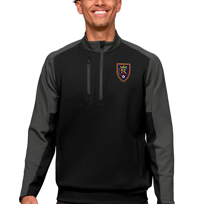 Men's Antigua Black/Charcoal Real Salt Lake Primary Team Logo Quarter-Zip Pullover Top
