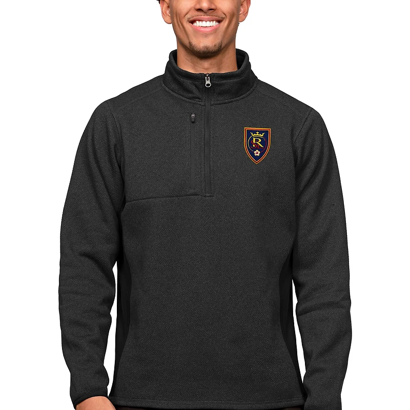 Men's Antigua Heather Black Real Salt Lake Primary Team Logo Course Quarter-Zip Pullover Top