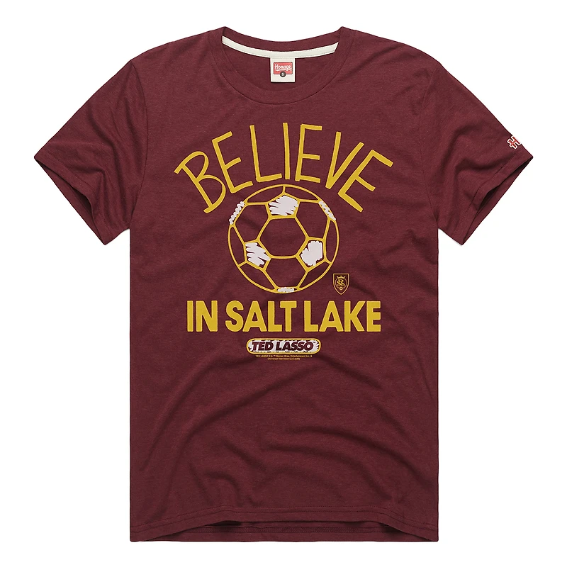 T-shirt unisexe rouge hommage Real Salt Lake MLS x Ted Lasso Believe Graphic Tri-Blend