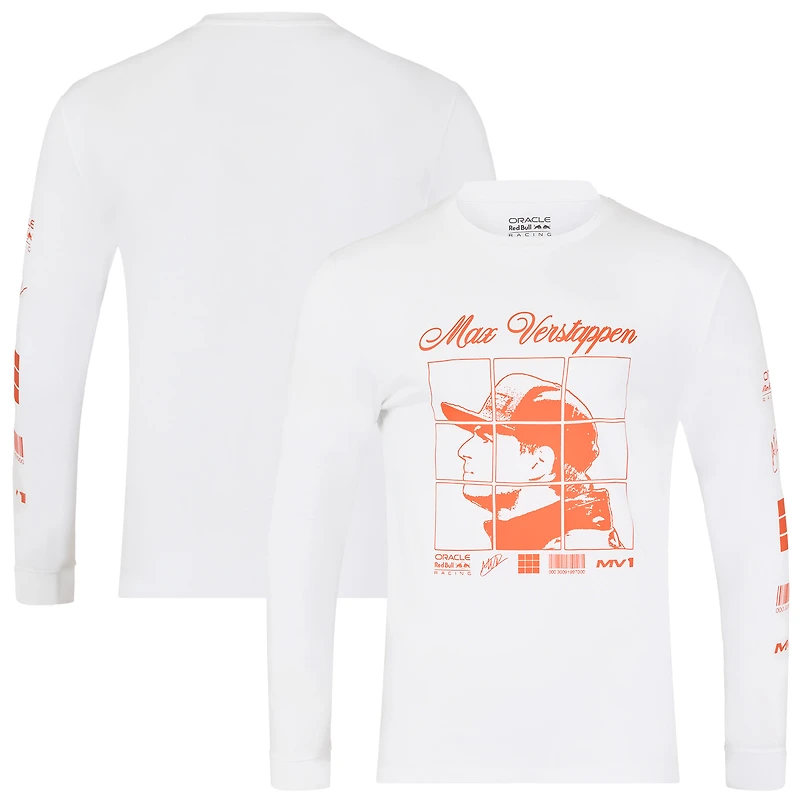 T-shirt à manches longues unisexe Max Verstappen blanc Red Bull Racing Driver Puzzle