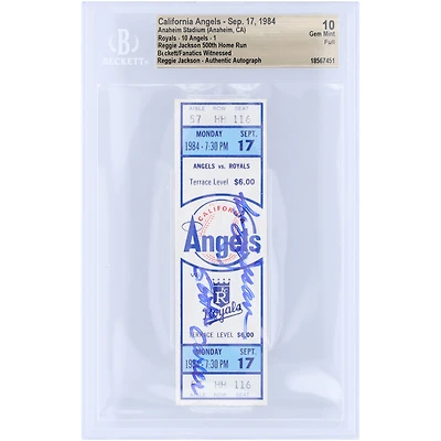 Billet authentifié par Beckett Fanatics Witnessed, en état neuf (Gem Mint 10), daté du 17 septembre 1984 et portant l'inscription « 500e coup de circuit en carrière », signé par Reggie Jackson des California Angels.