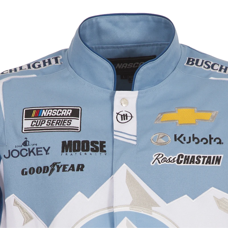 Veste d'uniforme légère en sergé à boutons-pression Ross Chastain Busch pour homme de JH Design, blanche/bleu clair
