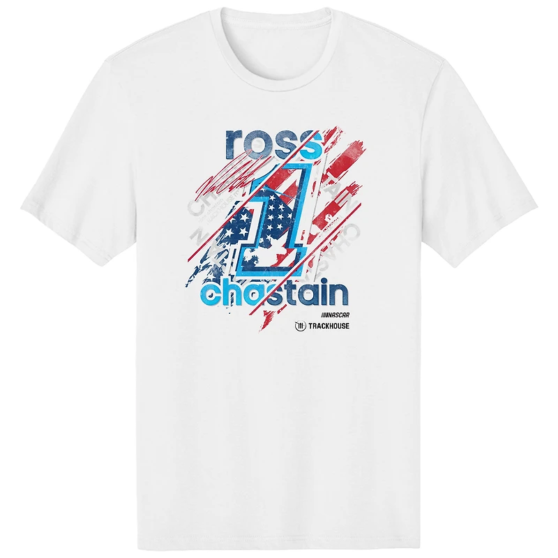 T-shirt blanc de la collection Trackhouse Racing Team pour homme, avec drapeau du pilote Ross Chastain 2026
