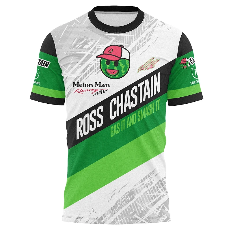 T-shirt blanc sublimé Ross Chastain Melon Man de la collection Trackhouse Racing Team pour homme, imprimé Gas It and Smash