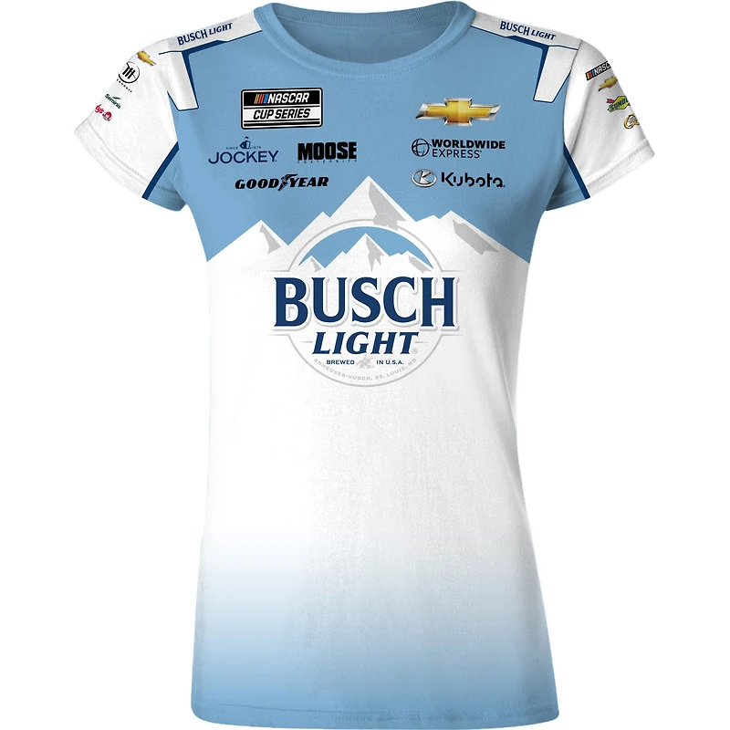 T-shirt d'uniforme léger Ross Chastain Busch pour femme, drapeau à damier, sport, blanc/bleu
