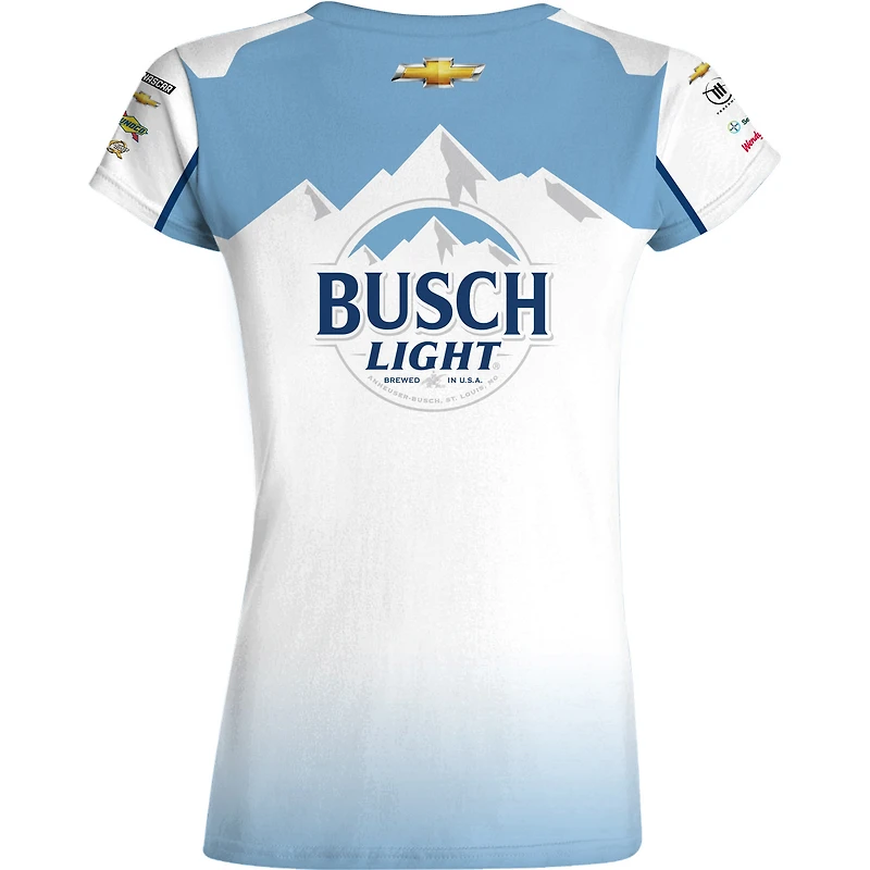 T-shirt d'uniforme léger Ross Chastain Busch pour femme, drapeau à damier, sport, blanc/bleu