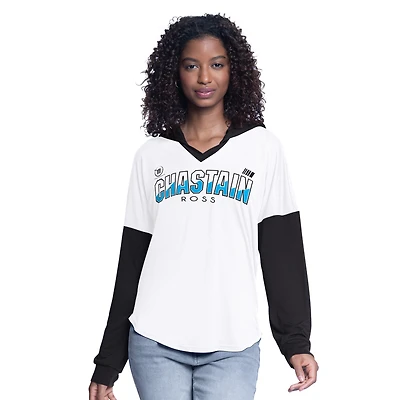 Women's G-III 4Her by Carl Banks  White/Black Ross Chastain Bench Player Oversized Long Sleeve Hoodie V-Neck T-Shirt