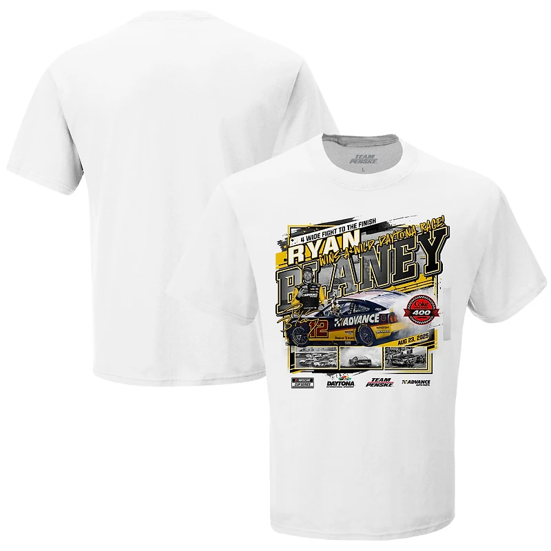 T-shirt blanc à damier pour homme, Ryan Blaney, vainqueur de la course Coke Zero Sugar 400 2025