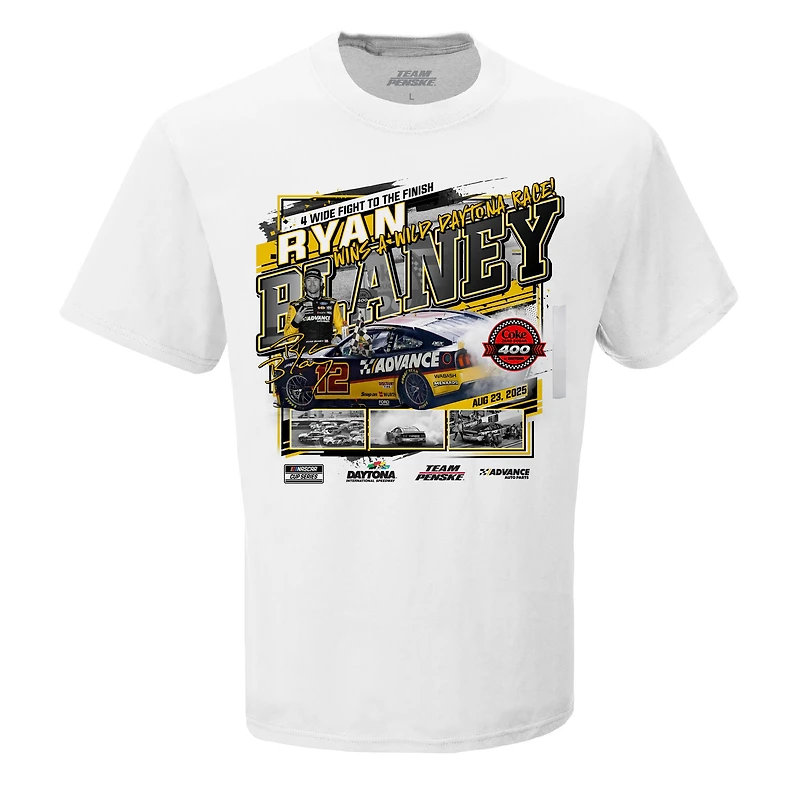 T-shirt blanc à damier pour homme, Ryan Blaney, vainqueur de la course Coke Zero Sugar 400 2025