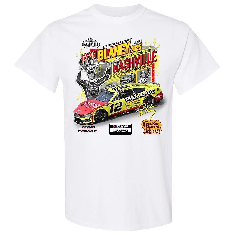 T-shirt blanc à damier pour homme, Ryan Blaney, vainqueur de la course Cracker Barrel 400 2025