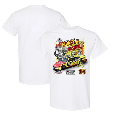 T-shirt blanc à damier pour homme, Ryan Blaney, vainqueur de la course Cracker Barrel 400 2025