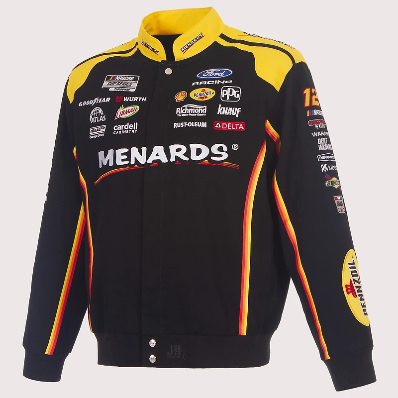 Veste de course en sergé noir Ryan Blaney 2026 JH Design pour homme, disponible chez Menards. Fermeture à boutons-pression.