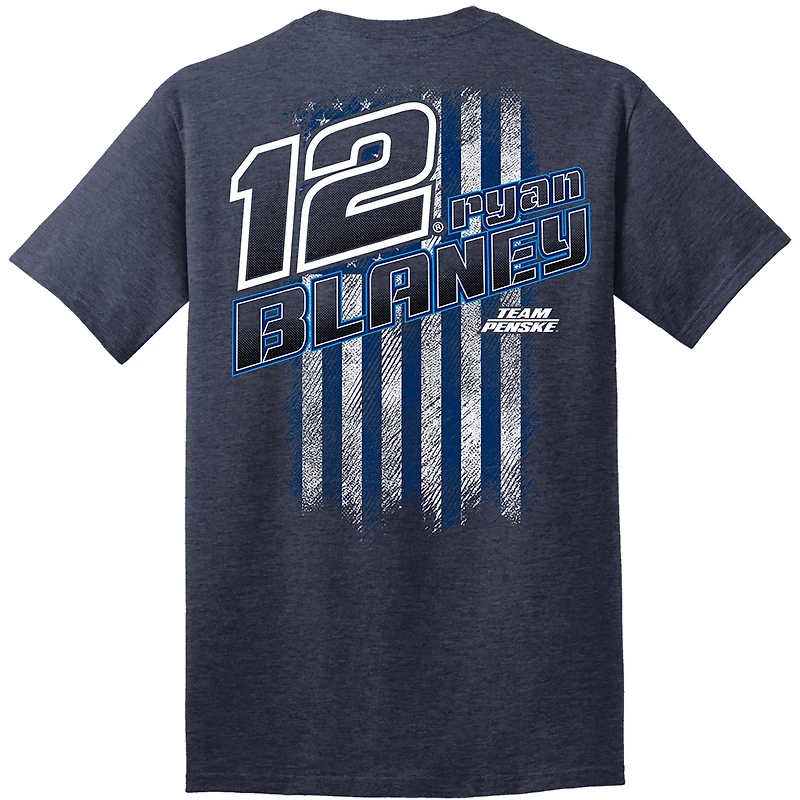 T-shirt tri-blend bleu marine chiné de l'équipe Penske pour homme avec drapeau Ryan Blaney