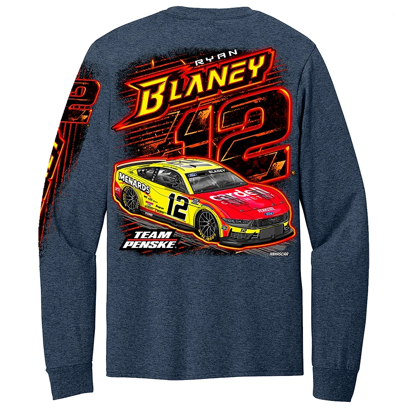 T-shirt à manches longues pour homme de l'équipe Penske Heather Navy Ryan Blaney Menards Cardell #12 Car