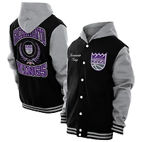 Veste universitaire à capuche noire New Era Sacramento Kings Throwback Prep Chenille Full-Snap pour homme