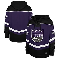 Men's '47 Black Sacramento Kings Oversized Tri-Satin Layup Lacer Pullover Hoodie