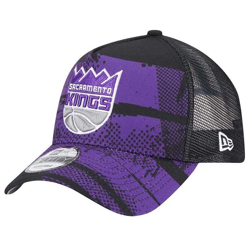Men's New Era Black/Purple Sacramento Kings Tip Off A-Frame Trucker 9FORTY Adjustable Hat