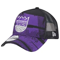 Men's New Era Black/Purple Sacramento Kings Tip Off A-Frame Trucker 9FORTY Adjustable Hat