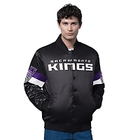 Men's Starter Black Sacramento Kings Triple Option Varsity Full-Snap Satin Jacket