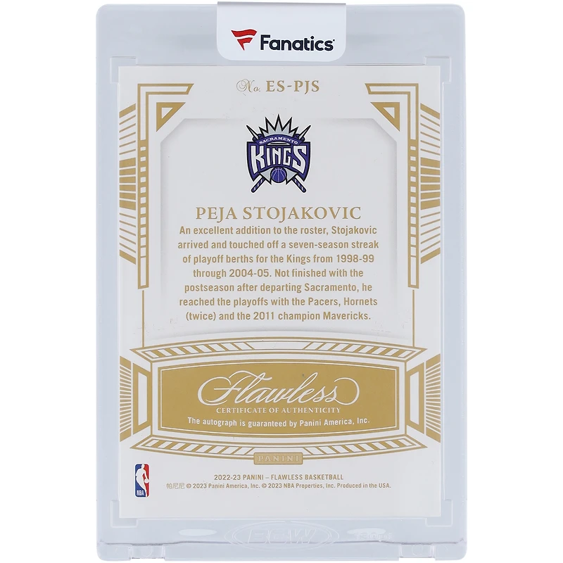 Carte autographiée de Peja Stojakovic (Sacramento Kings) 2022-23 Panini Flawless Excellence Signatures Ruby #ES-PJS #7/15