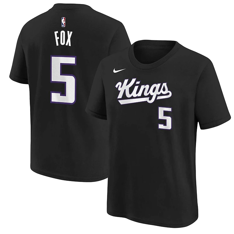 T-shirt noir pour jeunes De'Aaron Fox, icône des Sacramento Kings, avec nom et numéro