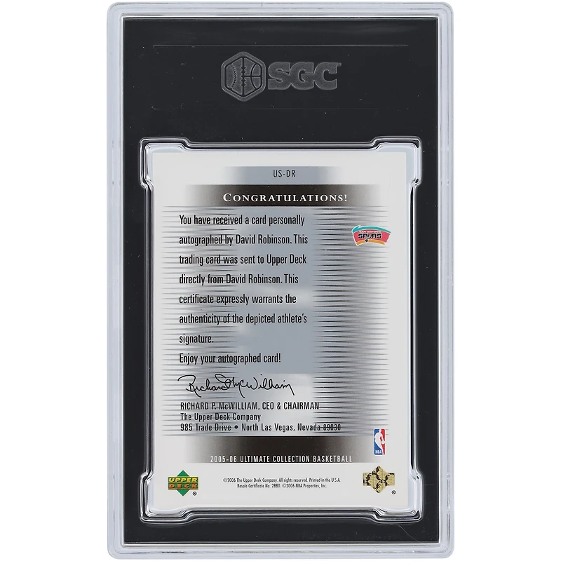 David Robinson San Antonio Spurs Autographed 2005-06 Upper Deck Ultimate Collection Ultimate Signatures #US-DR SGC Authenticated 9 Card