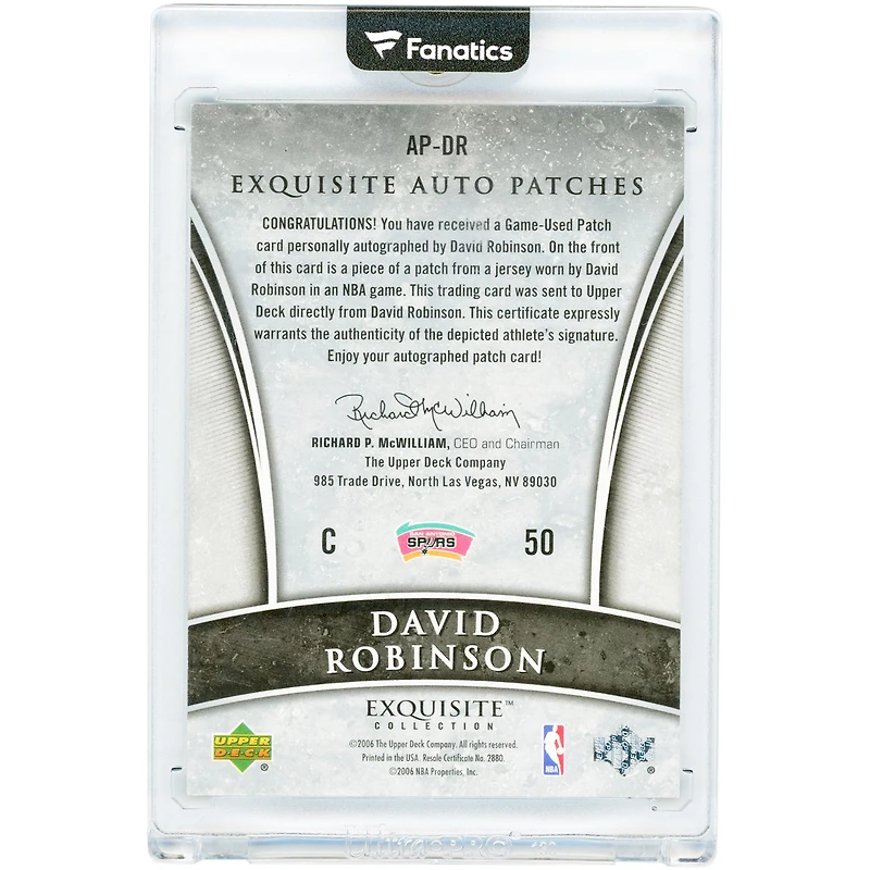 Carte autographiée de David Robinson (San Antonio Spurs) de la collection 2006 Upper Deck Exquisite Collection Exquisite Auto Patches GU Relic #AP-DR #66/100