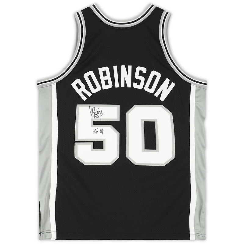 Maillot authentique noir autographié par David Robinson des San Antonio Spurs Mitchell & Ness 1998-99 avec inscription « HOF 09 »