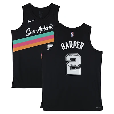 Maillot Nike City Edition Swingman noir autographié par Dylan Harper (San Antonio Spurs) saison 2025-26, avec inscription « 2e choix de draft 2025 ».