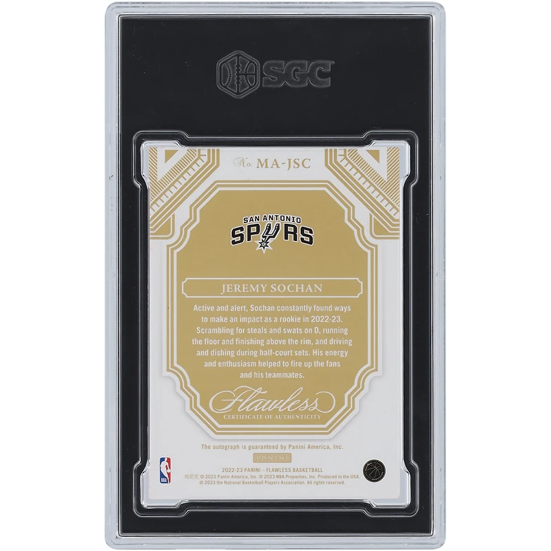 Carte de recrue Panini Flawless Momentous Ruby #MA-JSC #2/15 SGC 8.5 autographiée par Jeremy Sochan des San Antonio Spurs 2022-23