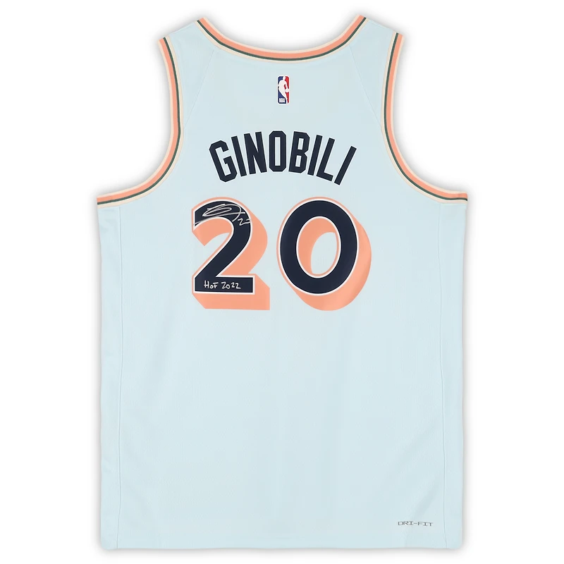 Manu Ginobili San Antonio Spurs Autographed Light Blue Nike 2024-25 City Edition Swingman Jersey with "HOF 2022" Inscription