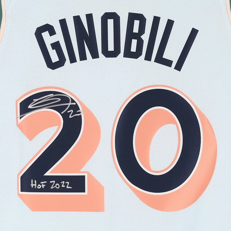 Manu Ginobili San Antonio Spurs Autographed Light Blue Nike 2024-25 City Edition Swingman Jersey with "HOF 2022" Inscription