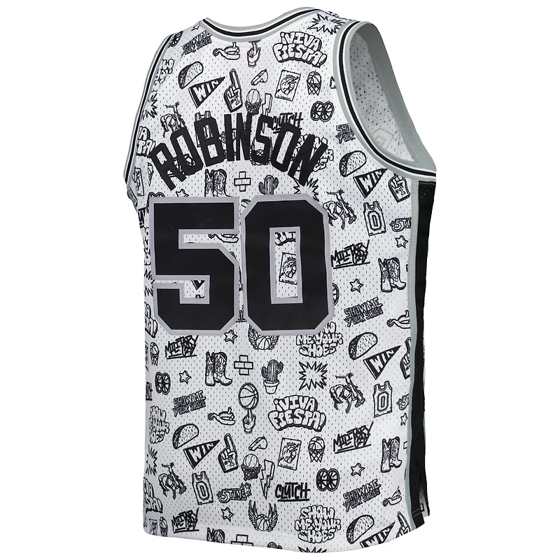 Men's Mitchell & Ness David Robinson White San Antonio Spurs 1998/99 Hardwood Classics Doodle Swingman Player Jersey