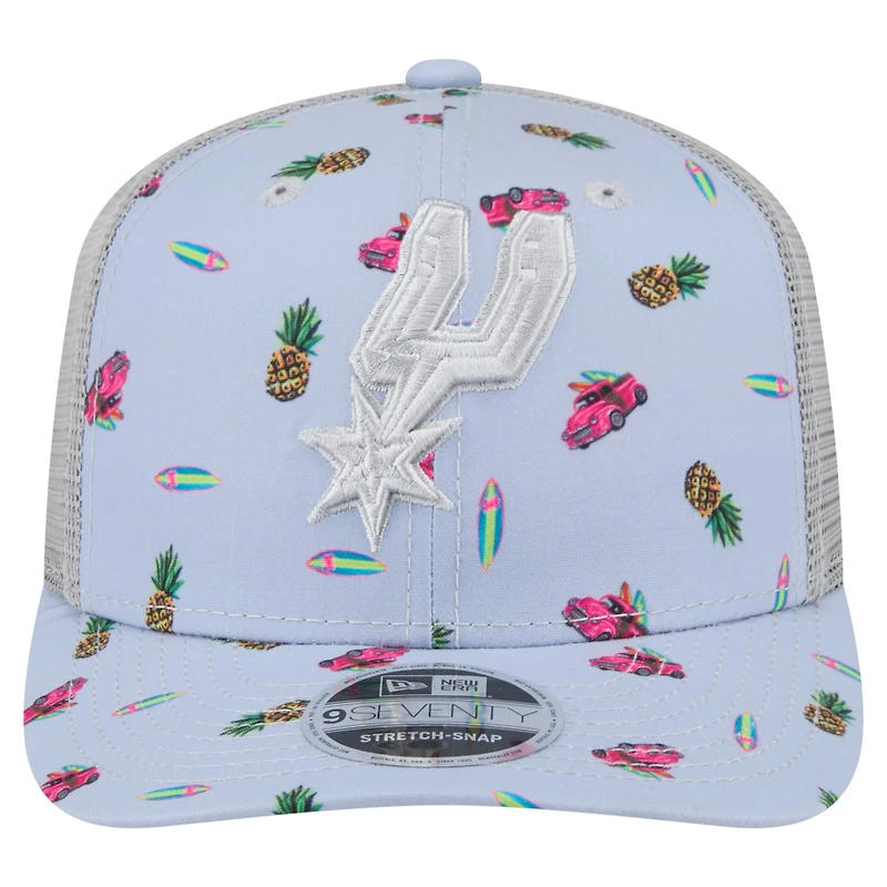 Casquette extensible à bouton-pression New Era bleu clair/gris San Antonio Spurs Adventure Aloha Pattern 9SEVENTY pour homme