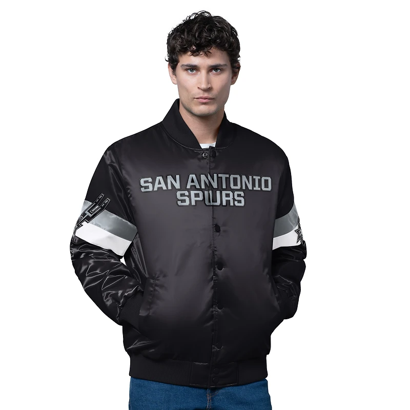 Men's Starter Black San Antonio Spurs Triple Option Varsity Full-Snap Satin Jacket